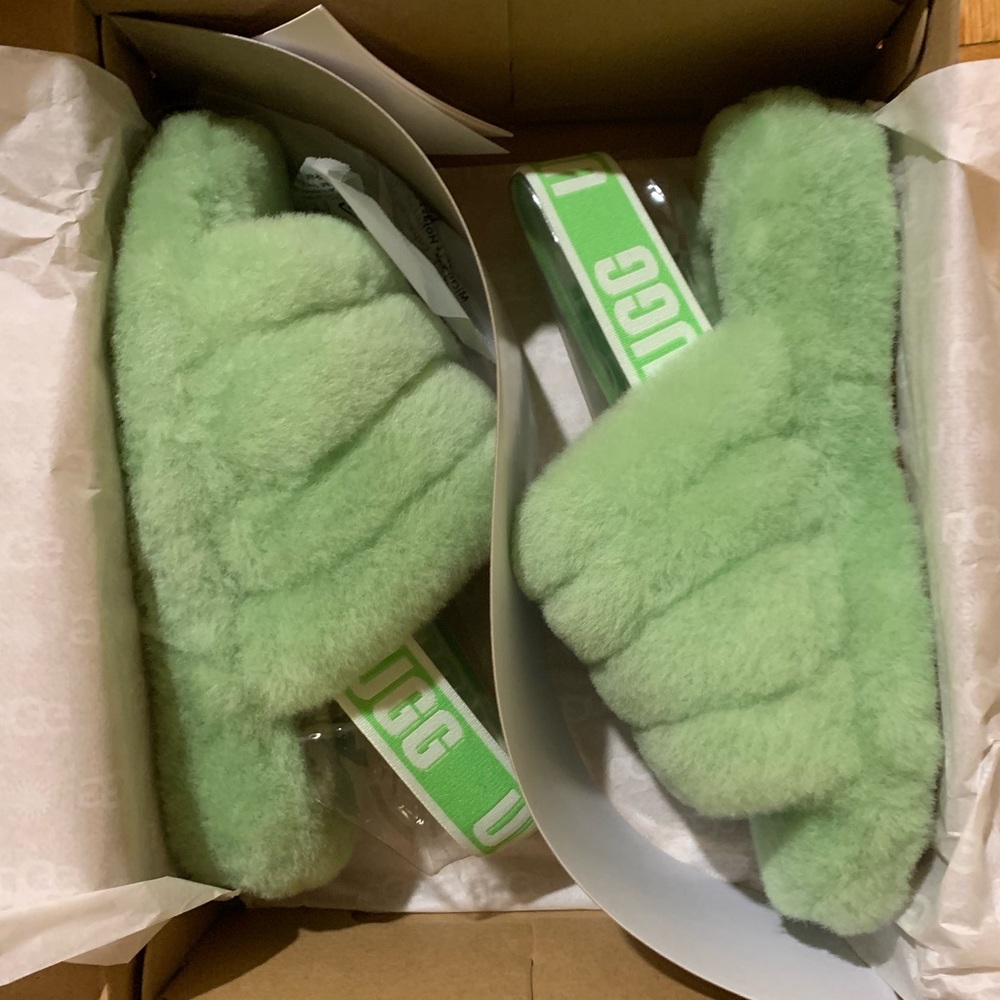 Brand new green fluffy Ugg slides